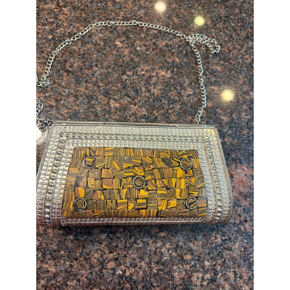 Vintage Silver Tiger Eye Metal Clutch Purse 7.5" x 4.5" - Picture 2 of 11